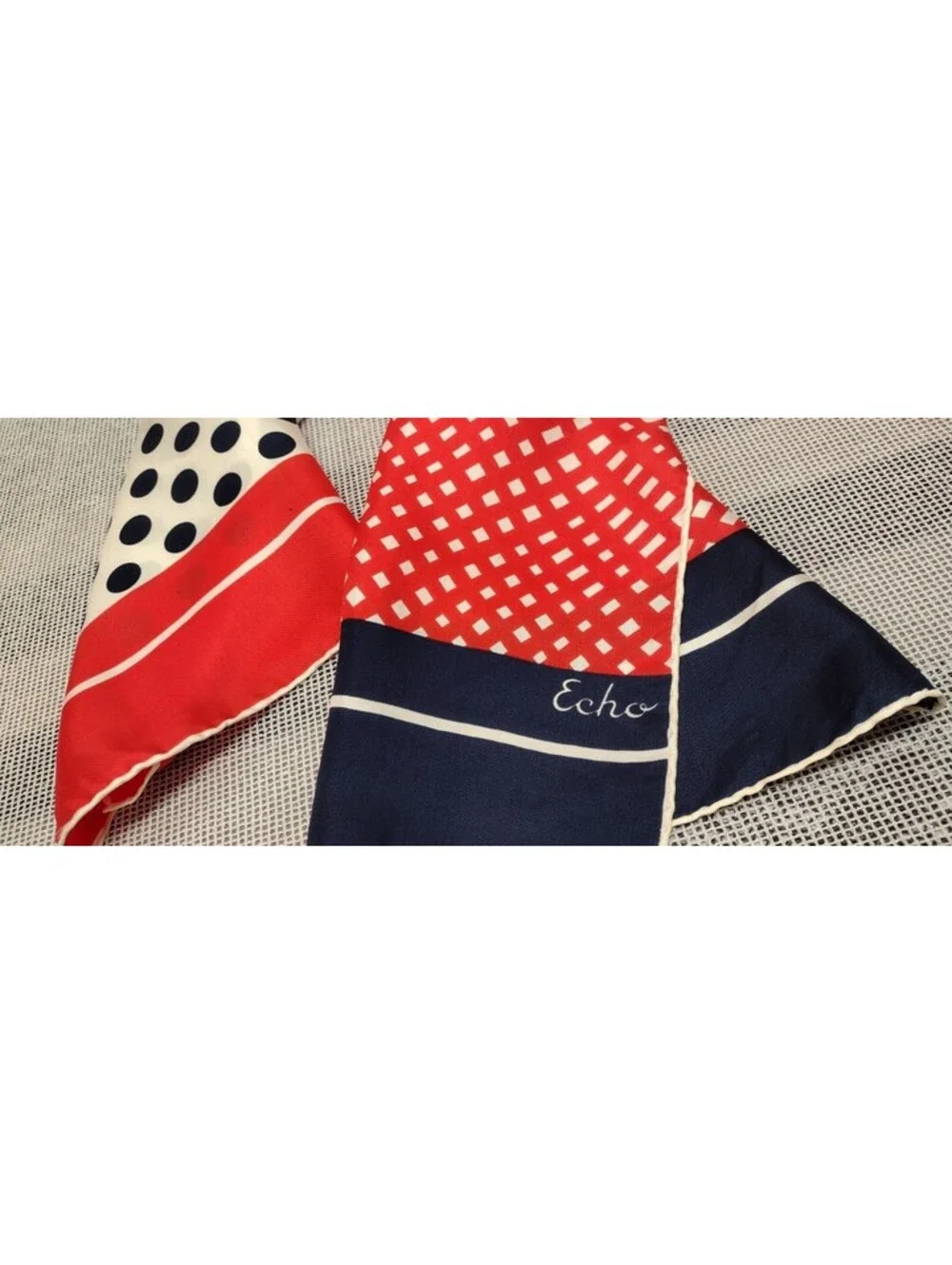 Vinage 1960s White DOTS Echo All Silk Scarf Red Orange White & Blue Polka Dots